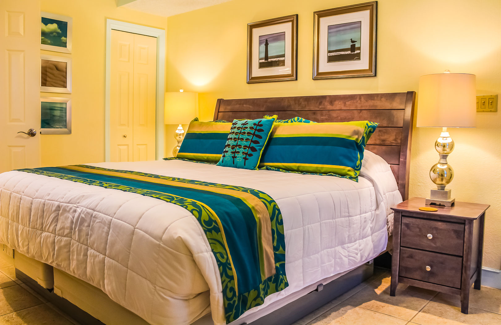 A vibrant master bedroom at VRI's Hollywood Sands Resort in Hollywood, Florida.